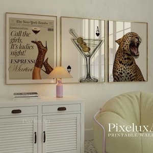 May include: Set of three framed prints. One features a martini glass with olives and playing card symbols. Another shows a leopard print boot holding a martini glass with text that reads "Call the girls. It's ladies night! Espresso Martini." The third print is a leopard.