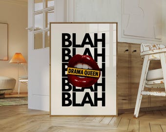 Red Lips Print, Bold Lips Wall Art, Pop Art Printable, Trendy Collage Poster, Blah Blah Wall Art, Red Eclectic Girly Wall Art, Funky Print, image 1