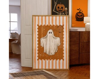Vintage Ghost Wall Art – Spooky Halloween Printable with Striped Background, Rustic Haunted Postage Stamp Style Ghost Decor Print, image 5