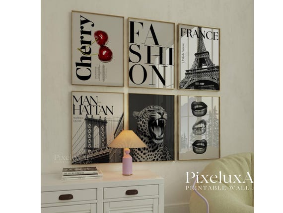 Set of 6 Trendy Black and White Gallery Wall Art