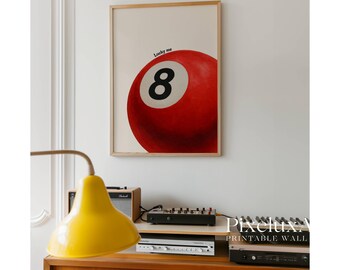 Lucky 8 Ball Print, Pool Ball Print, Vintage Game Room Decor, Luck Wall Art, Red Billiards Print, Pool Print, Retro Art, Funky Vintage Print, image 8
