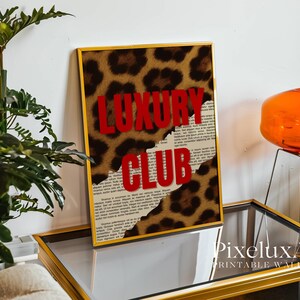 May include: A framed print with a leopard print background and the words "LUXURY CLUB" in red. The print has a gold frame and is displayed on a mirrored surface. The overall theme is fashion and luxury.