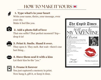 Valentines Day Newspaper Template, Will You Be My Poster, Cupid Post Newspaper for Valentines Day Gift, Grab the Kiss Canva DIY Newspaper, image 5