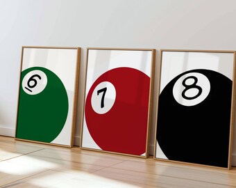 Set of 3 Pool Ball Print, 6, 7, 8 Ball Prints, Retro Game Room Print, Funky Vintage Print, Lucky Poster, Trendy Wall Art, 8 Ball Poster, image 7