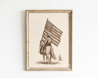 Cowboy American Flag Wall Art | Western Country Print | Rustic Farmhouse Decor | Vintage Cowboy Poster | USA Western Wall Art
