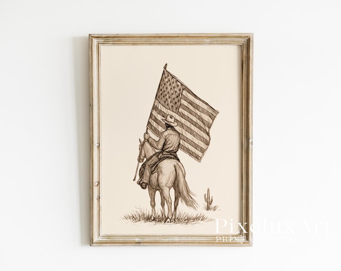 Cowboy American Flag Wall Art | Western Country Print…