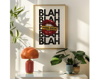Red Lips Print, Bold Lips Wall Art, Pop Art Printable, Trendy Collage Poster, Blah Blah Wall Art, Red Eclectic Girly Wall Art, Funky Print, image 6
