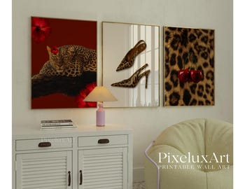 Retro Red Gallery Leopard Wall Art Set – 6 Trendy Posters, Y2K Fashion Decor, Bold Red Wild Leopard Print, Chic Glam Leopard Poster Set, image 3