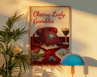 Retro Cherry Poster, Retro Red Bar Cart Wall Art, Preppy 70s Aesthetic Girly Prints, Vintage Apartment Dopamine Decor, Funky Poker Print, image 10