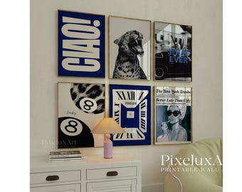 Retro Black and Navy Blue Gallery Wall Art, Set of 6 Aesthetic Chic Apartment Decor, Trendy Fashion Collage Print, Stylish Y2K Wall Art, image 1
