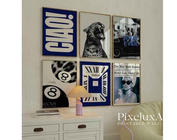 Retro Black and Navy Blue Gallery Wall Art, Set of 6…