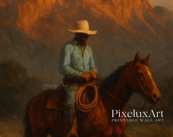 Vintage Western Cowboy Oil Painting Print – Moody Antique Wall Art, Earth Tone Southwestern Decor, Printable Mid Century Western Art, image 7