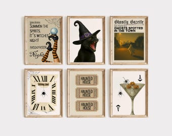 Vintage Halloween Poster Set of 6 – Ghostly Gazette, Haunted House Tickets, Spooky Cat, Witch Hour Clock, Martini Ghost Printables, image 1