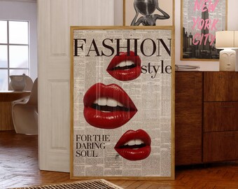 Fashion Newspaper Print, Red Lips Wall Art, Daring Soul Poster, Trendy Retro Wall Art, Girly Dorm Room & Vanity Decor, Printable Art, image 1