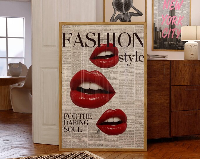 Fashion Newspaper Print, Red Lips Wall Art, Daring Soul…