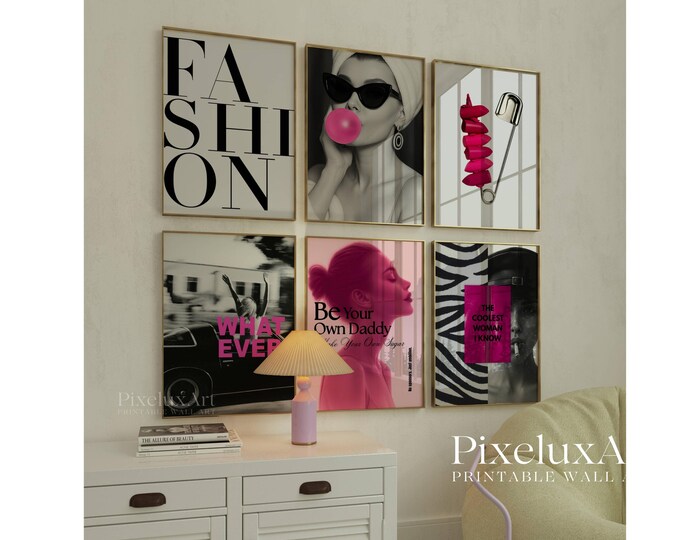 Pink & Black Fashion Poster Set: Y2K Girly Collage (Digital…