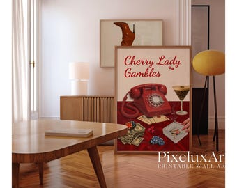 Retro Cherry Poster, Retro Red Bar Cart Wall Art, Preppy 70s Aesthetic Girly Prints, Vintage Apartment Dopamine Decor, Funky Poker Print, image 8