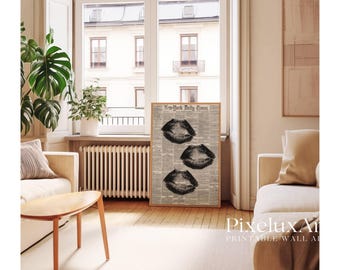 Newspaper Kiss Lips Wall Art, Trendy Black & White Girly Print, Aesthetic Bar Cart Decor, Preppy Poster, Vintage Retro Fashion Art, Dorm Art, image 8