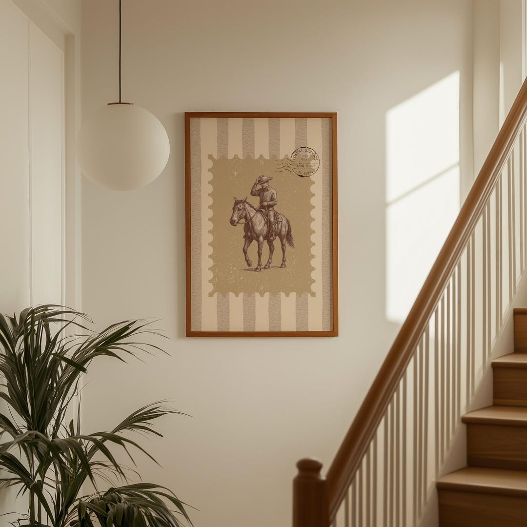 Cowboy on Horse Wall Art | Western Stamp Print | Rustic Country Decor ...