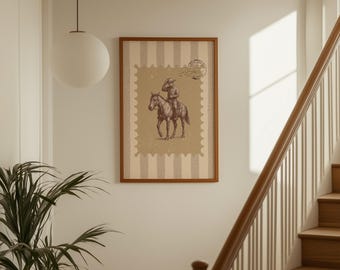 Cowboy on Horse Wall Art | Western Stamp Print | Rustic Country Decor | Vintage Farmhouse Poster | Neutral Western Wall Art, image 1