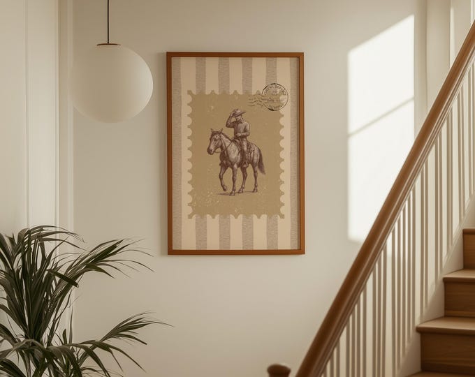 Cowboy on Horse Wall Art | Western Stamp Print | Rustic…
