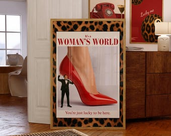 Feminist Wall Art, Red Funky Art, Trendy Leopard Wall Art, Aesthetic Y2K Dorm Decor, Retro Fashion Feminist Poster, Funky Collage Wall Art, image 1