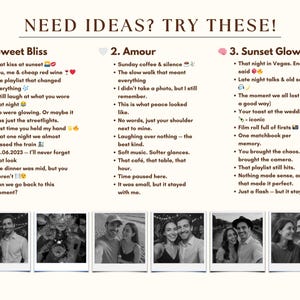 May include: A graphic with the text "NEED IDEAS? TRY THESE!" and three sections with titles: "Sweet Bliss", "Amour", and "Sunset Glow". Each section lists memories and includes black and white photos of couples.