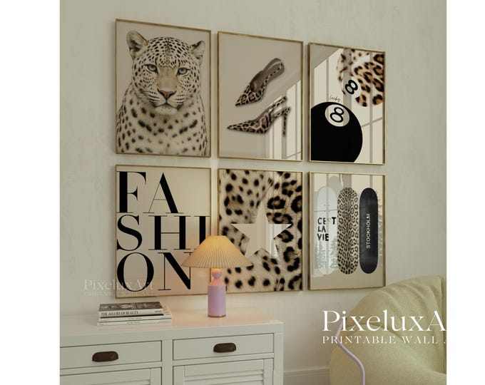 Retro Neutral Leopard Wall Art Set – 6 Trendy Leopard…