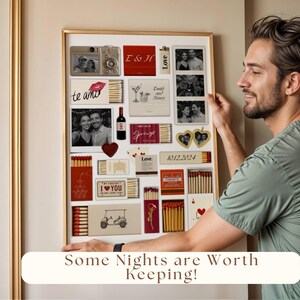 May include: A gold framed collage of photos and matchboxes with the text "Some Nights are Worth Keeping!" at the bottom. The collage includes photos of a couple, a drink, and a camera. The matchboxes have various designs, including hearts, flowers, and the text "Love".