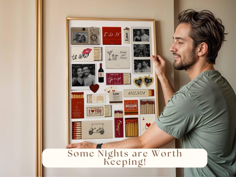 May include: A gold framed collage of photos and matchboxes with the text "Some Nights are Worth Keeping!" at the bottom. The collage includes photos of a couple, a drink, and a camera. The matchboxes have various designs, including hearts, flowers, and the text "Love".