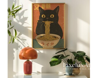 Vintage Cat Eating Ramen Poster, Noodle Illustration Art, Ramen Lover Gift, Quirky Cat Kitchen Decor, Japanese Decor, Gift for Noodle Lover, image 8