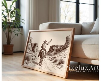 Cowboy Desert Wall Art | Western Landscape Print | Rustic Country Decor | Vintage Horseback Poster | Cowboy Riding Through Canyon, image 5