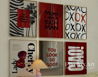 Red Retro Wall Art Set of 6 Prints, Y2K Fashion Decor, Mom I Am A Rich Man, Cherry, XOXO, Ciao Poster for Dorm Room, Apartment Gallery Print, image 8