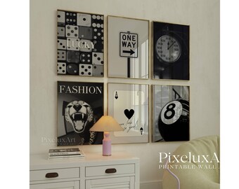 Set of 6 Trendy Black and White Gallery Wall Art, Dice, Modern Aesthetic Gallery Apartment Decor, Fashion Wall Art, Stylish Y2K Wall Art, image 1