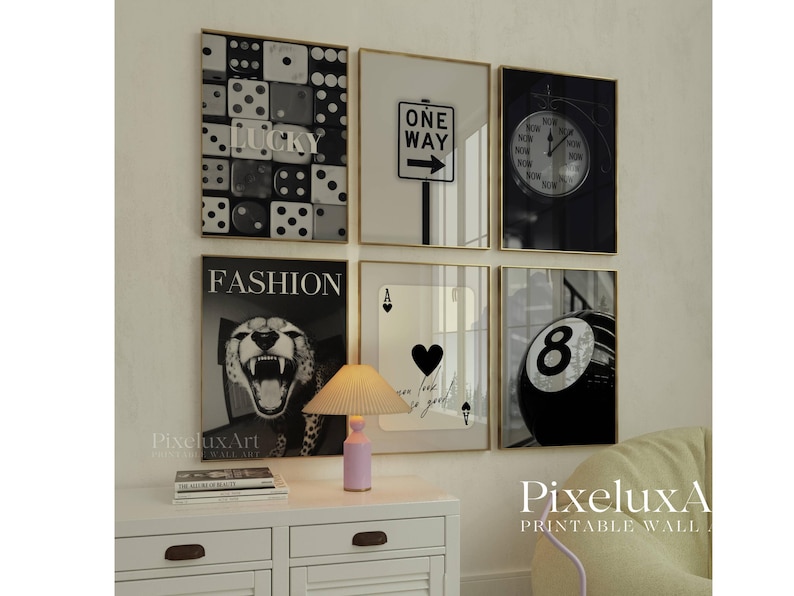 Set of 6 Trendy Black and White Gallery Wall Art