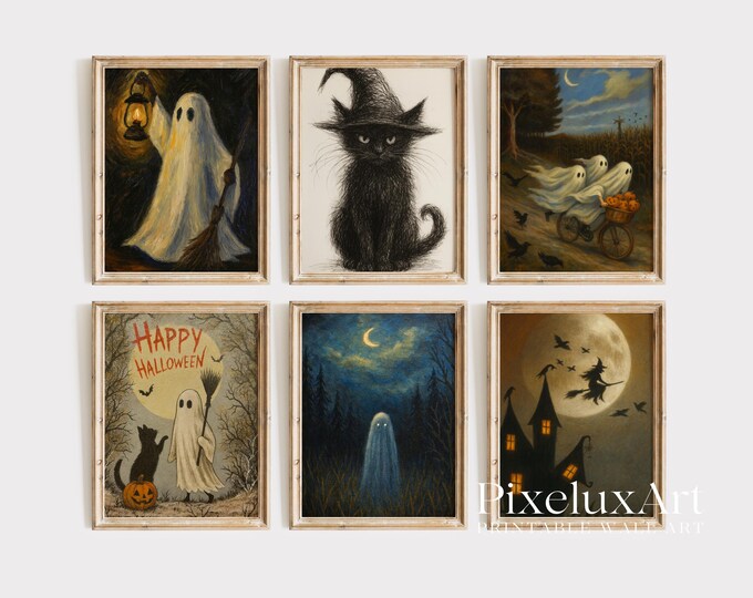 Halloween Wall Art Set of 6 – Spooky Ghosts, Black Cat…