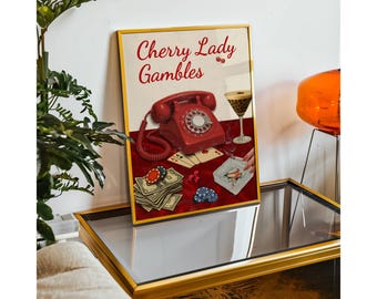 Retro Cherry Poster, Retro Red Bar Cart Wall Art, Preppy 70s Aesthetic Girly Prints, Vintage Apartment Dopamine Decor, Funky Poker Print, image 6