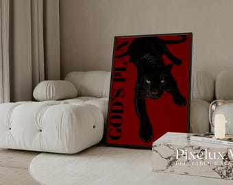 God’s Plan Panther Poster | Black Cat Wall Art, Collage Apartment Print, Y2k Fashion Print, Bold Red Minimalist Printable, Masculine Decor, image 6