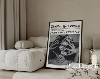 Money Hair Rollers Poster, Mom I Am A Rich Man Newspaper Print, Fashion Wall Art Print, Glam Girl Money Art, Black White Newspaper Print, image 4
