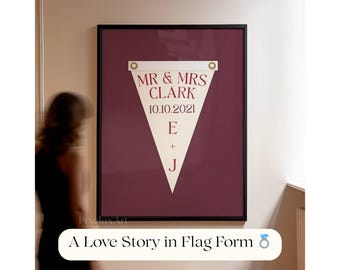Custom Wedding Pennant Flag | Vintage Custom Pennant Flag, Personalized Couple Gift, Printable Anniversary Decor, Retro Engagement Wall Art, image 3