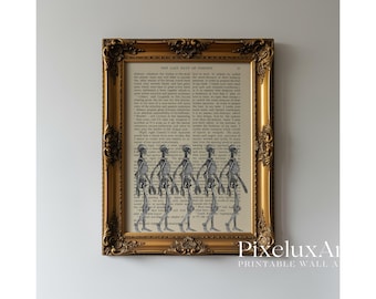 Skeleton Wall Art – Vintage Spooky Halloween Printable on Antique Book Page, Gothic Dark Academia Skeleton Print Decor, image 1