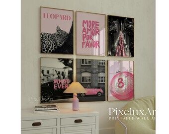 Pink Black Gallery Wall Set, Collage Apartment Print, Pink Gray Y2k Fashion Print, Pink Stylish & Cool Girl Aesthetic Art for Dorm Room, image 3