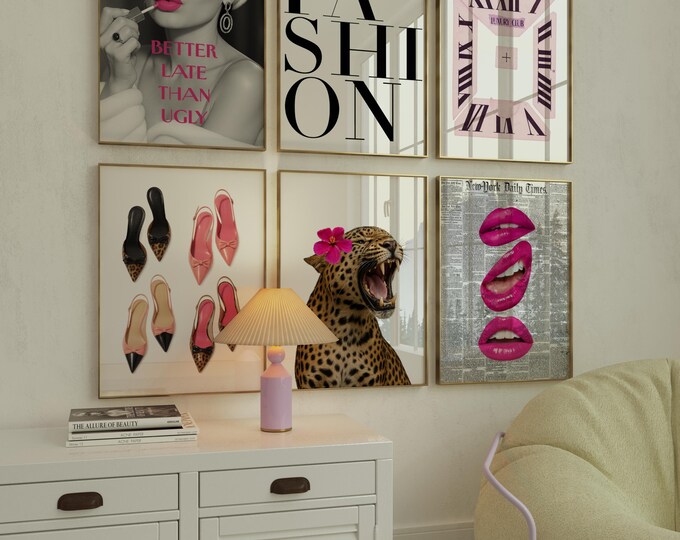 Retro Pink Leopard Gallery Wall Art Set: Y2K Fashion Prints…
