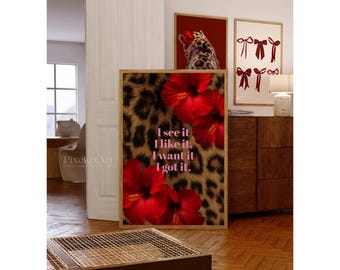 Leopard Print Quote Poster | Red Floral Glam Wall Art | Chic Printable Fashion Decor, Luxury Glam Printable Poster | Girly Bedroom Wall Art, image 1