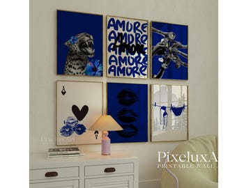 Navy Blue Poster Set, Leopard Wall Art, Amore Typography Prints, Blue Aesthetic Gallery Wall, Lips & Ace of Hearts Art, Fashion Chic Decor, image 1