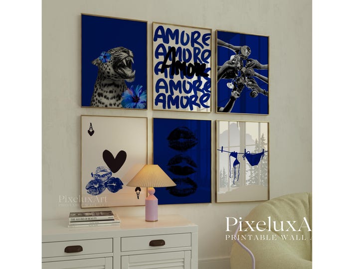 Navy Blue Poster Set, Leopard Wall Art, Amore Typography…