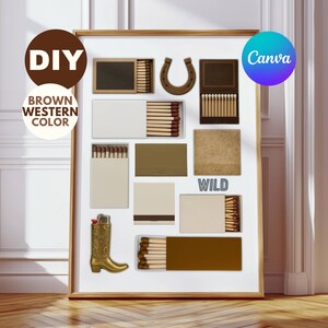 Può includere: Un collage incorniciato di scatole di fiammiferi marroni e bianche, un ferro di cavallo e uno stivale da cowboy. Le scatole di fiammiferi hanno le parole "WILD" e "DIY" stampate. Il collage è un progetto fai-da-te con colori marroni e bianchi.