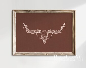 Western Longhorn Skull Print, Rustic Cowboy Wall Art, Barbed Wire Bull Horn Poster, Ranch Country Decor, Wild West Printable Art, image 4