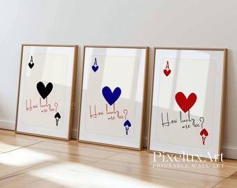 Set of 3 Ace of Hearts Prints, Black Red Navy Wall Art, Playing Card Poster Set, Typography Print, Romantic Aesthetic Decor, How Lucky Print, image 1