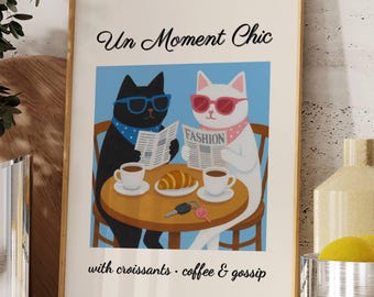 French Café Poster, Croissant & Coffee Cat Print, Cafe Au Lait Poster, Funny Cat Kitchen Art, Cat Wall Decor, Cute Cat Coffee Illustration, image 3